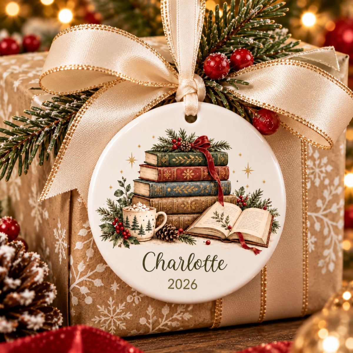 Personalized Book Lover Christmas Ornament - Vintage Books