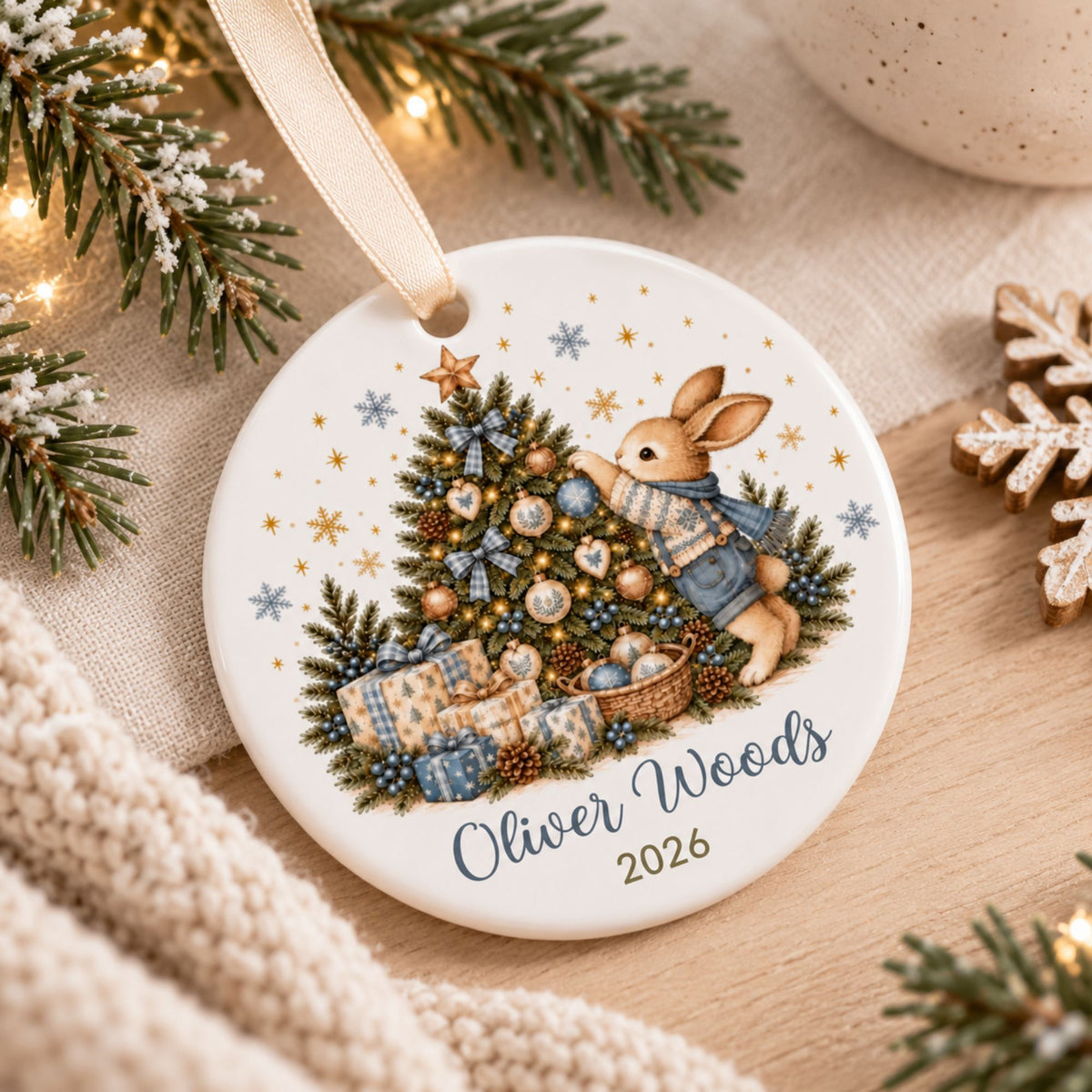 Personalized Bunny Christmas Ornament for Boys with Name and Year