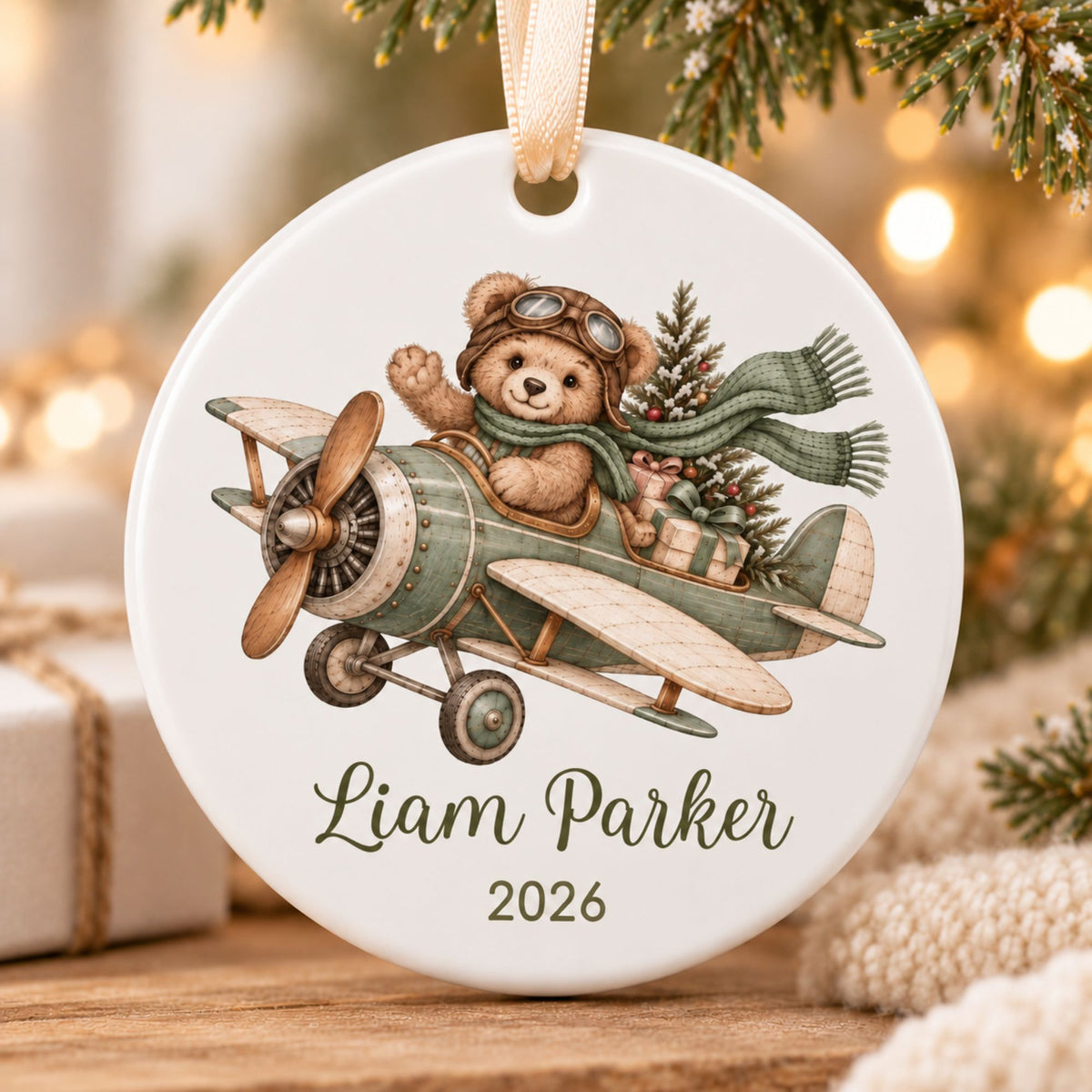 Personalized Airplane Christmas Ornament with Teddy Bear Pilot