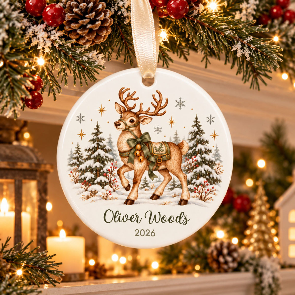 Personalized Reindeer Christmas Ornament with Name and Year