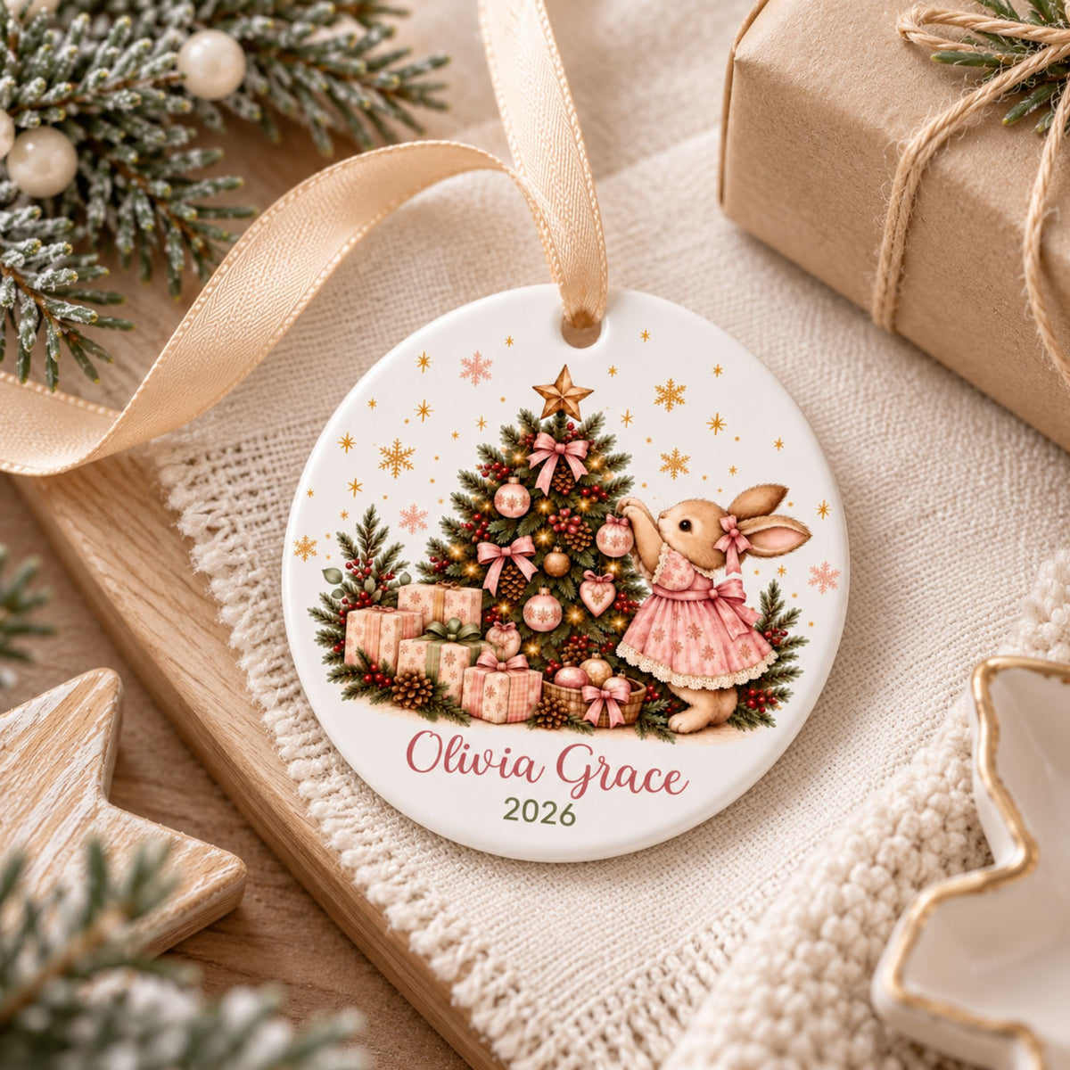 Personalized Bunny Baby Girl Christmas Ornament - Pink or Blue