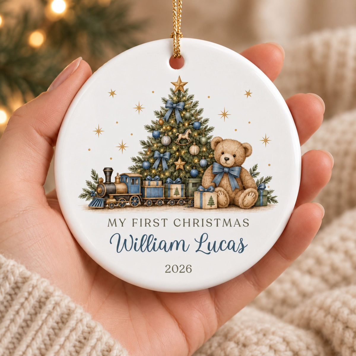 Personalized Baby's First Christmas Ornament - Teddy Bear Train