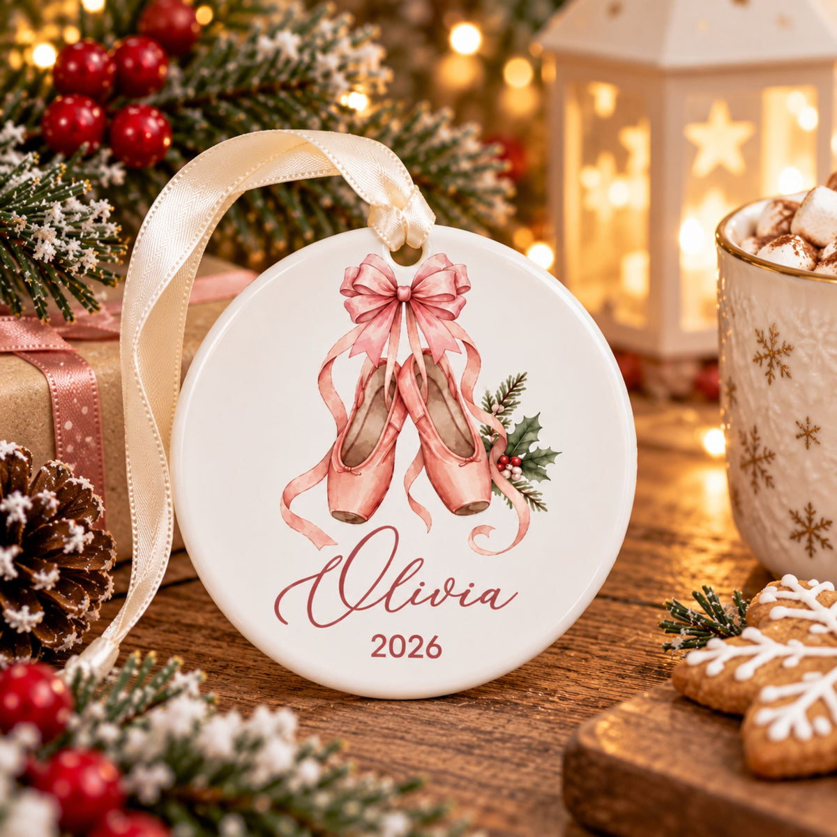Personalized Ballerina Christmas Ornament - Pink Ballet Shoes