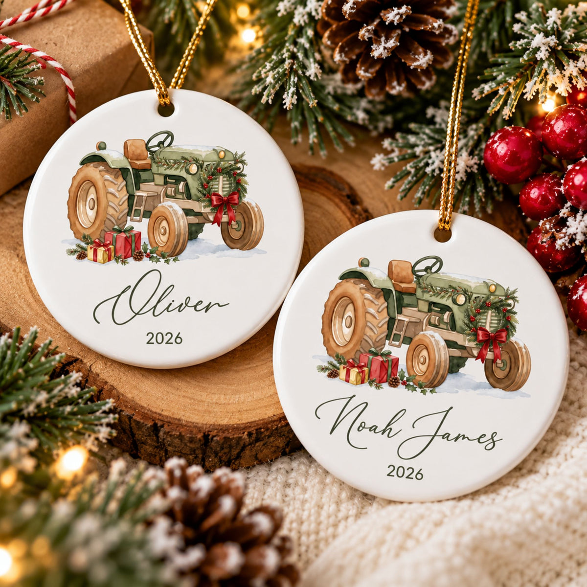 Personalized Tractor Christmas Ornament with Name and Year