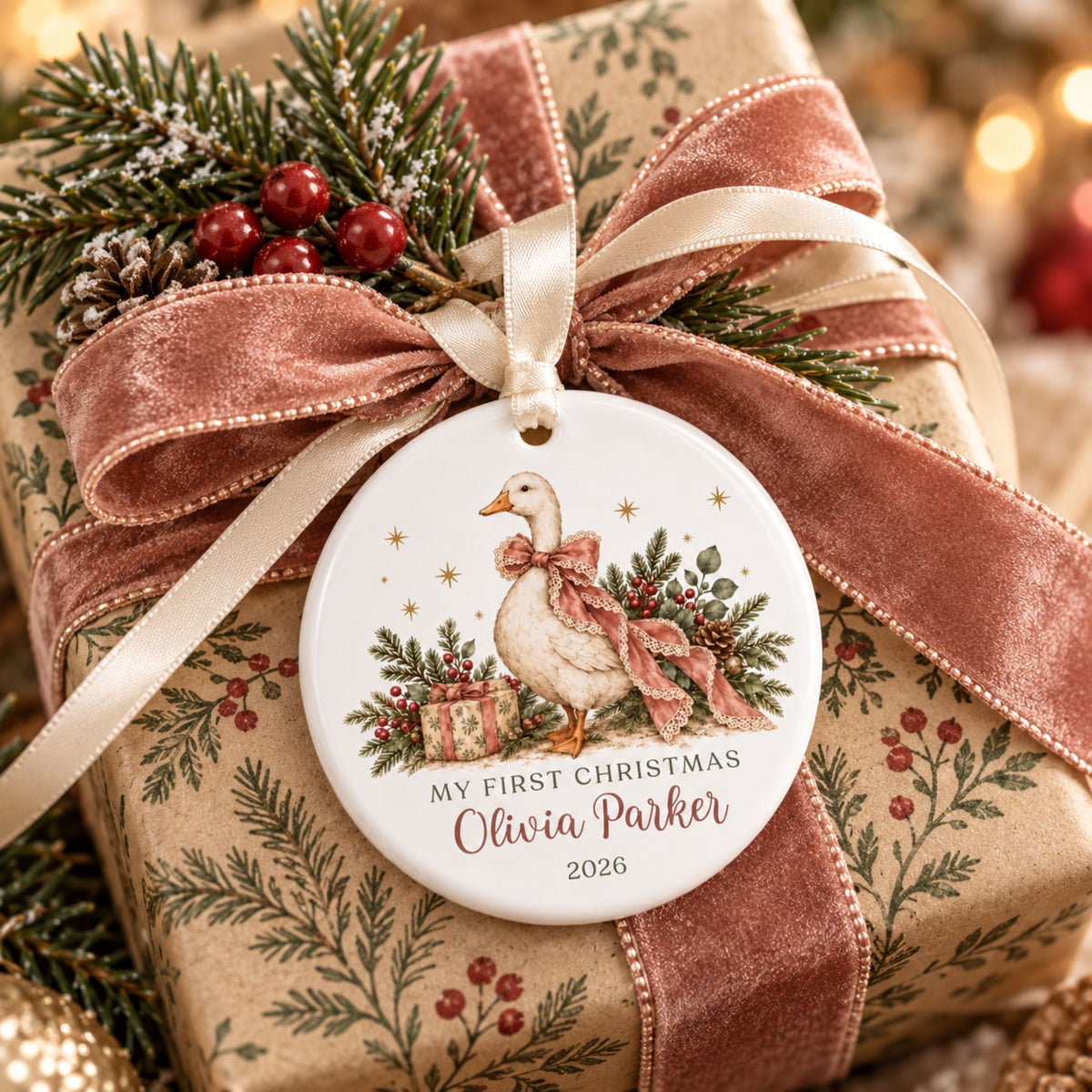 Baby Girl's First Christmas Ornament - Pink Bow Goose