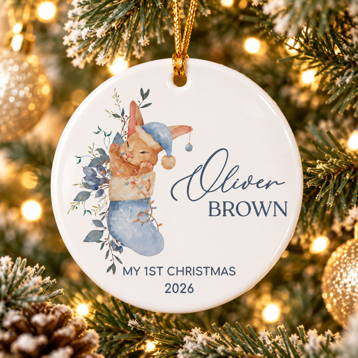 Baby Boy's First Christmas Ornament - Blue Stocking Bunny
