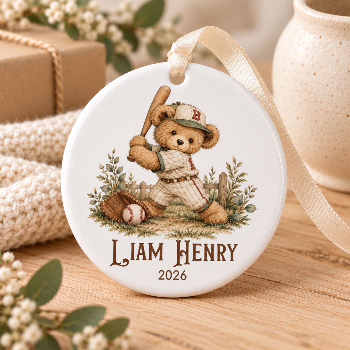 Personalized Baseball Christmas Ornament - Vintage Teddy Bear