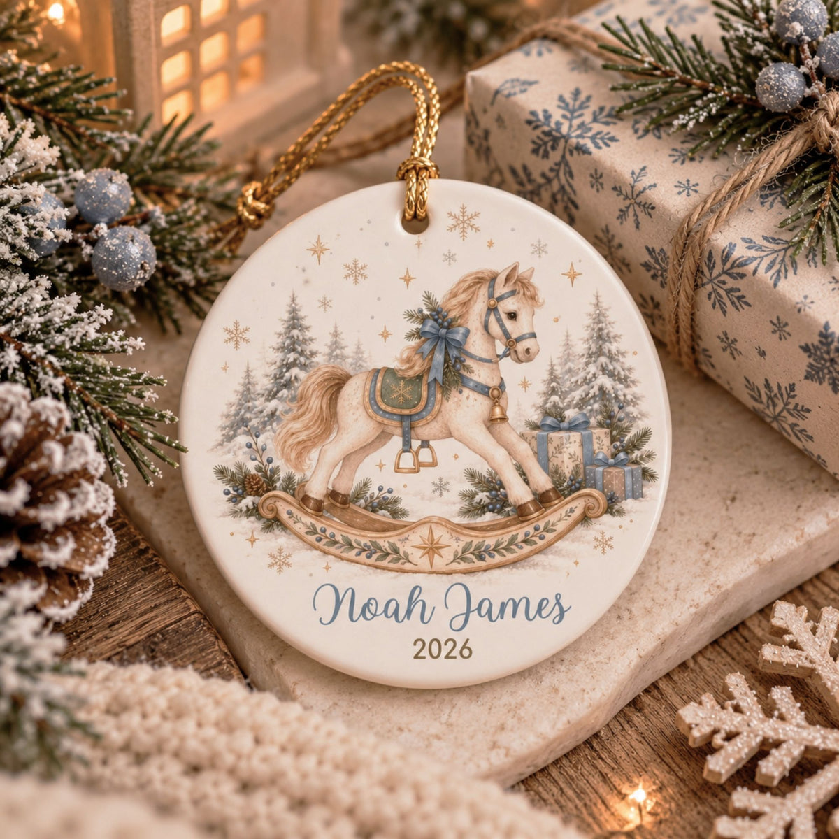 Personalized Rocking Horse Christmas Ornament - Blue