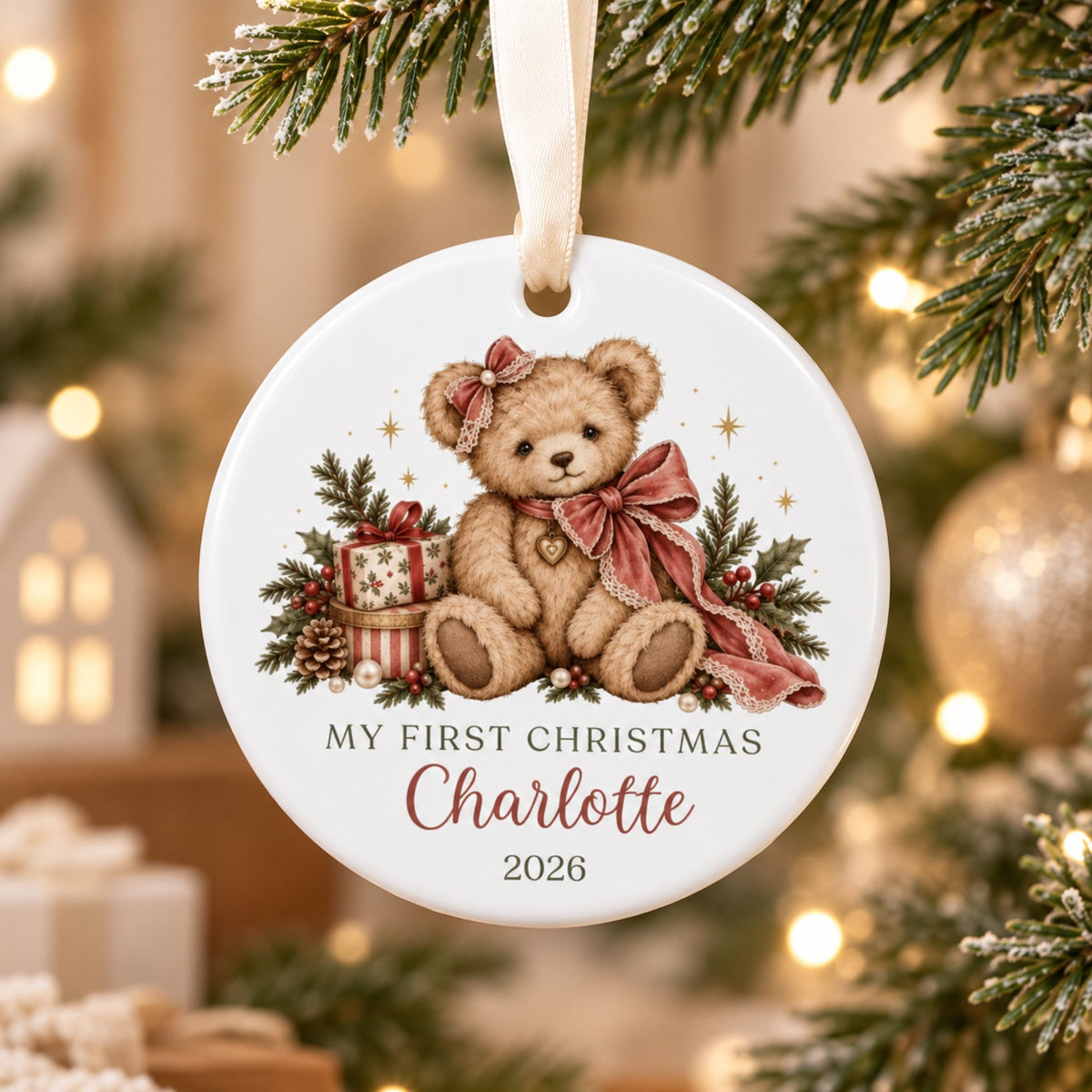 Baby Girl's First Christmas Ornament - Personalized Bow Teddy