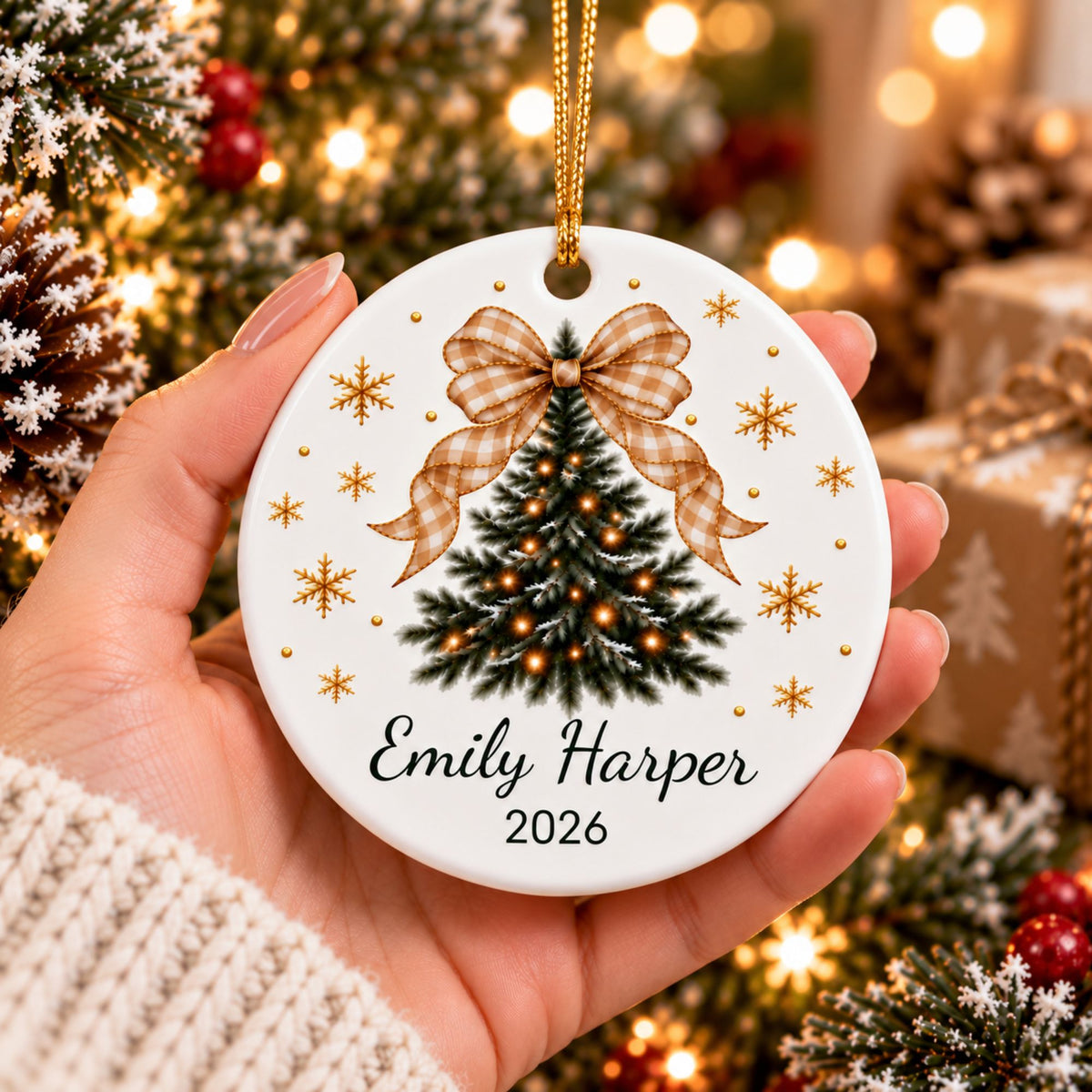 Personalized Christmas Tree Ornament with Gingham Bow