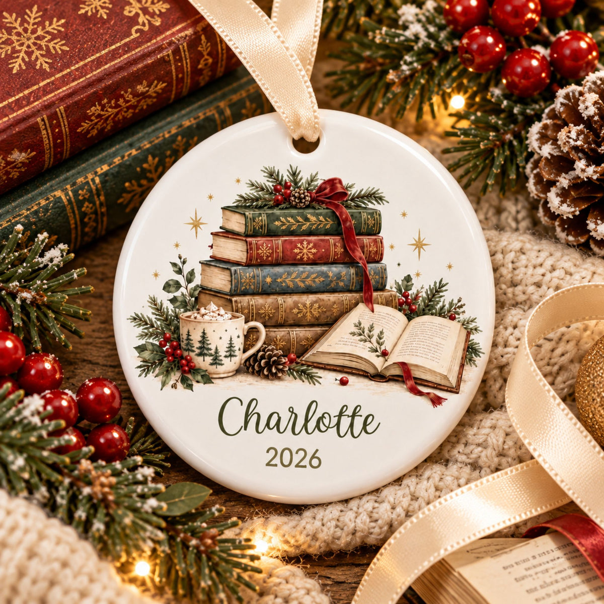 Personalized Book Lover Christmas Ornament - Vintage Books