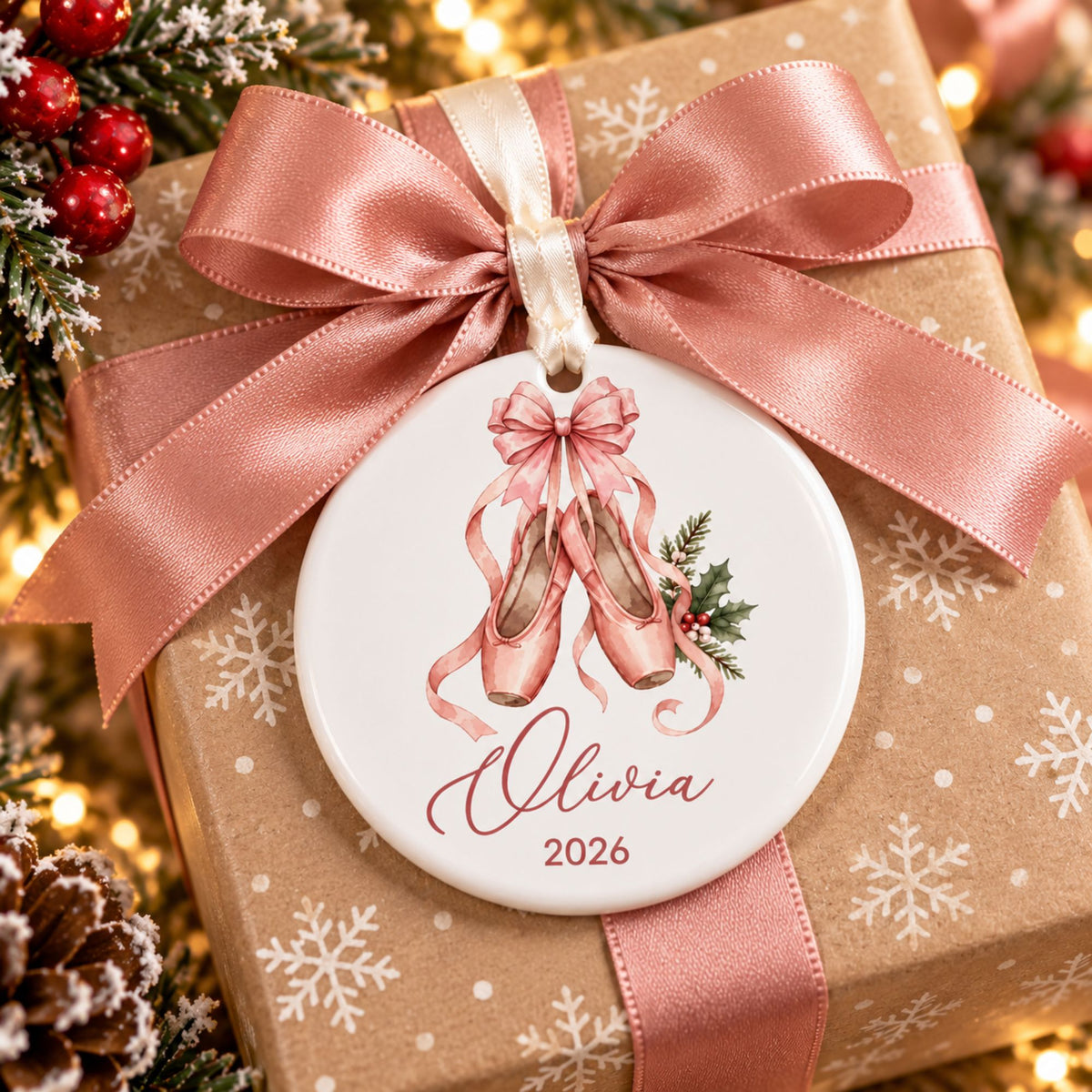 Personalized Ballerina Christmas Ornament - Pink Ballet Shoes