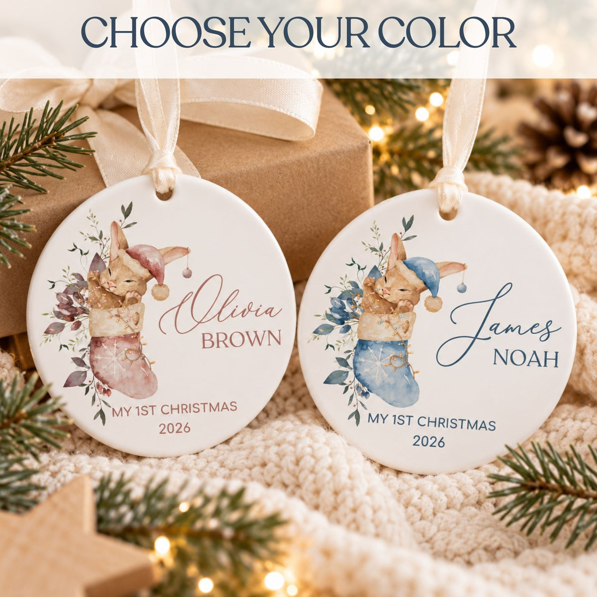 Baby Boy's First Christmas Ornament - Blue Stocking Bunny
