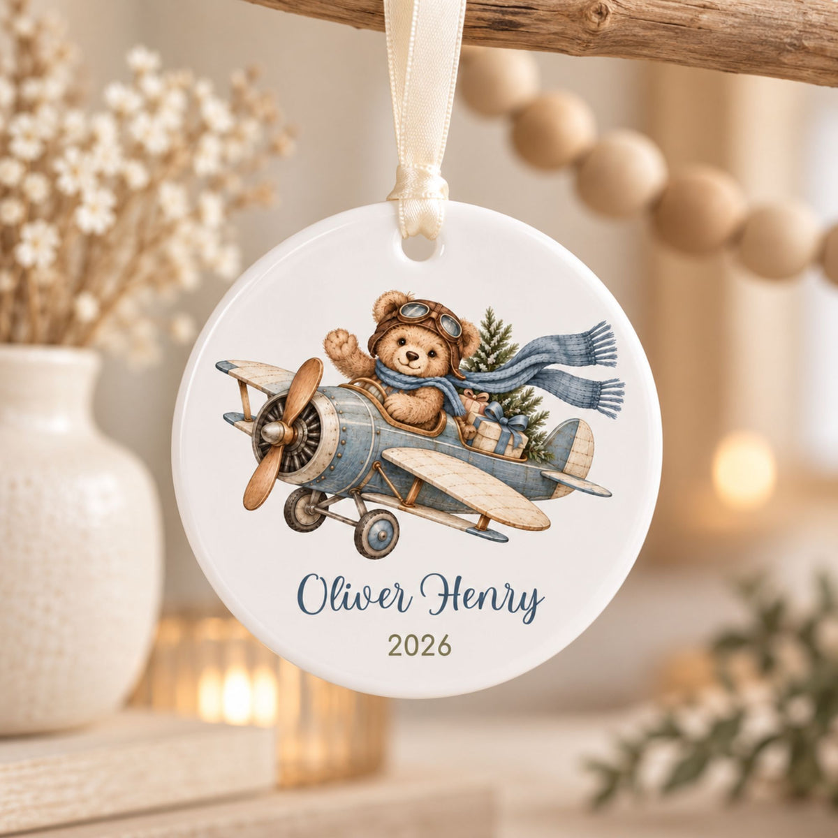 Personalized Airplane Christmas Ornament with Teddy Bear Pilot