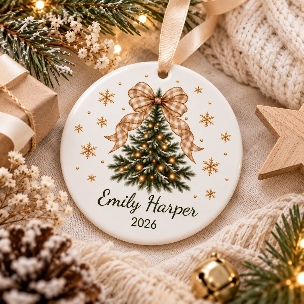 Personalized Christmas Tree Ornament with Gingham Bow