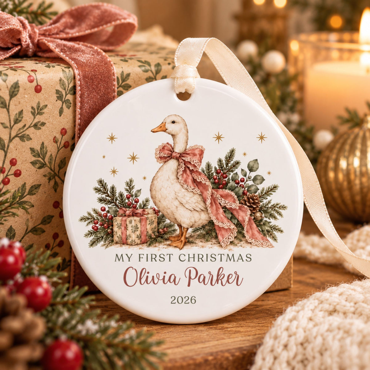 Baby Girl's First Christmas Ornament - Pink Bow Goose