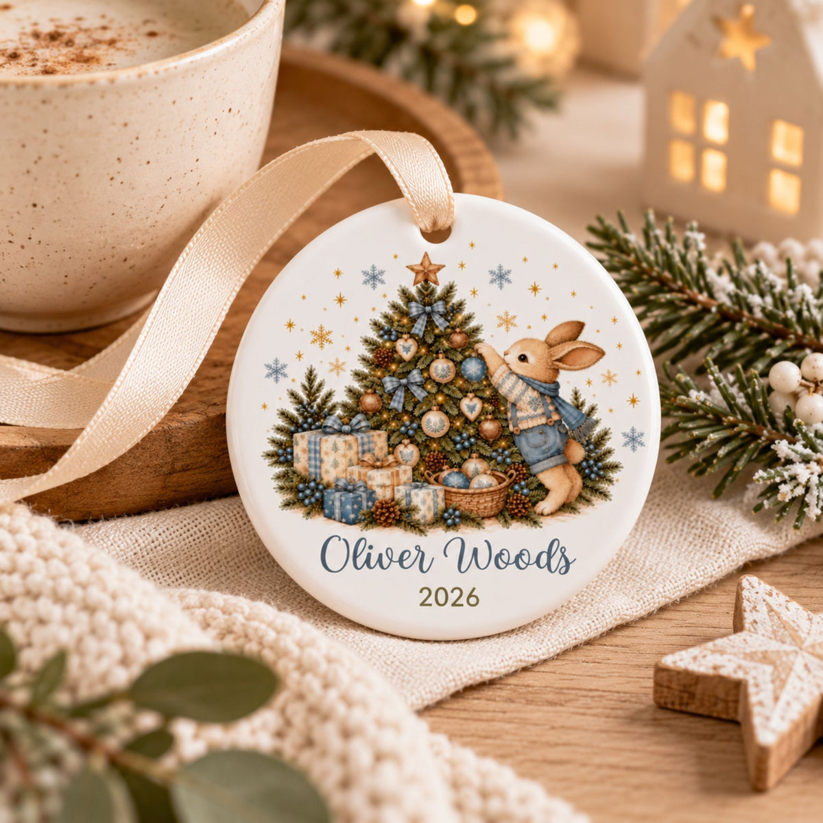 Personalized Bunny Christmas Ornament for Boys with Name and Year
