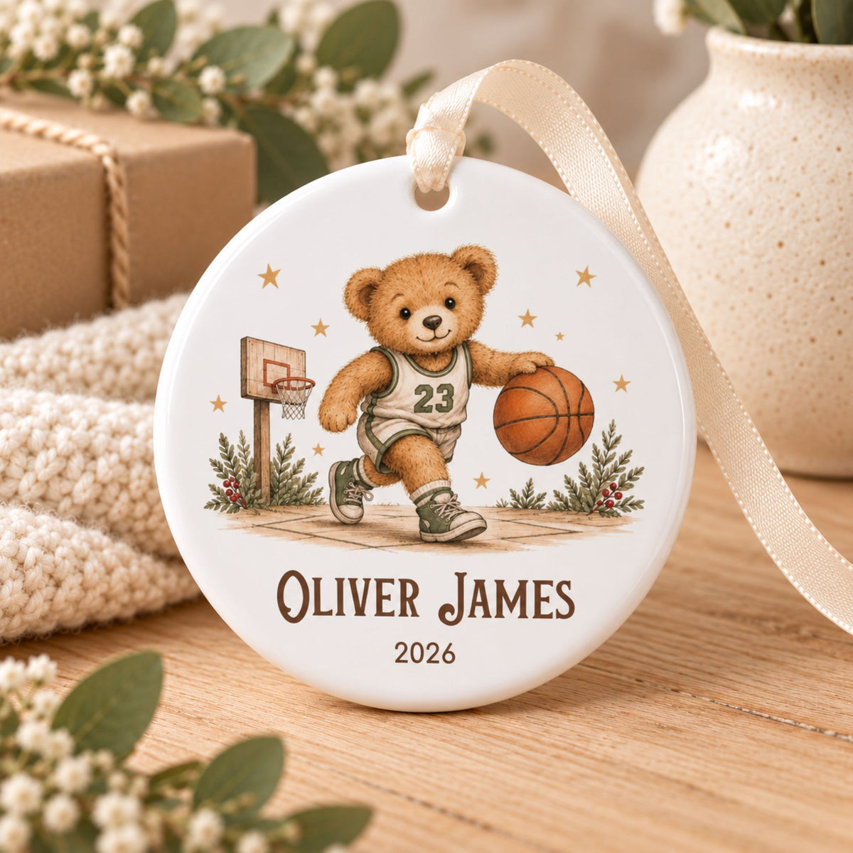 Personalized Baseball Christmas Ornament - Vintage Teddy Bear