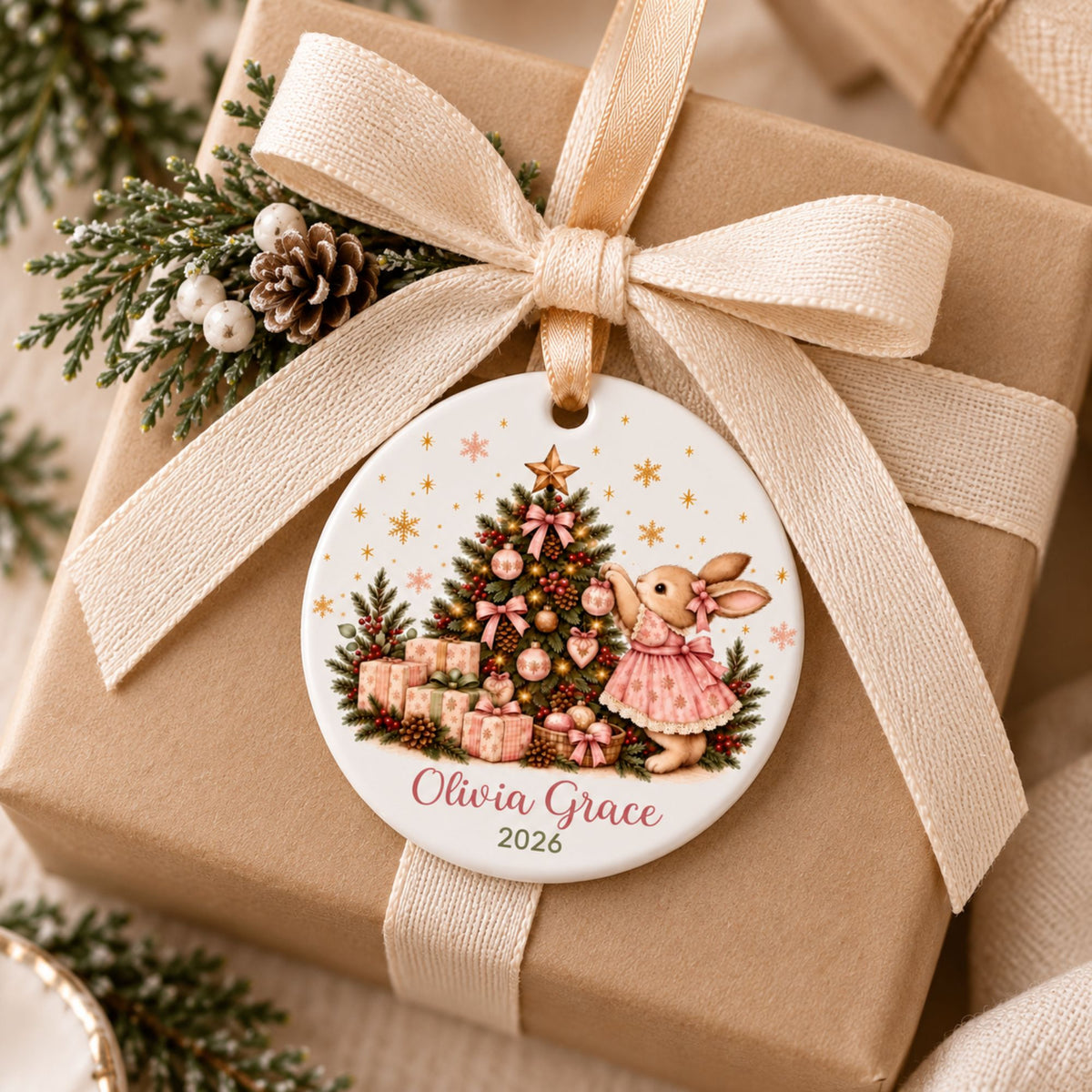 Personalized Bunny Baby Girl Christmas Ornament - Pink or Blue