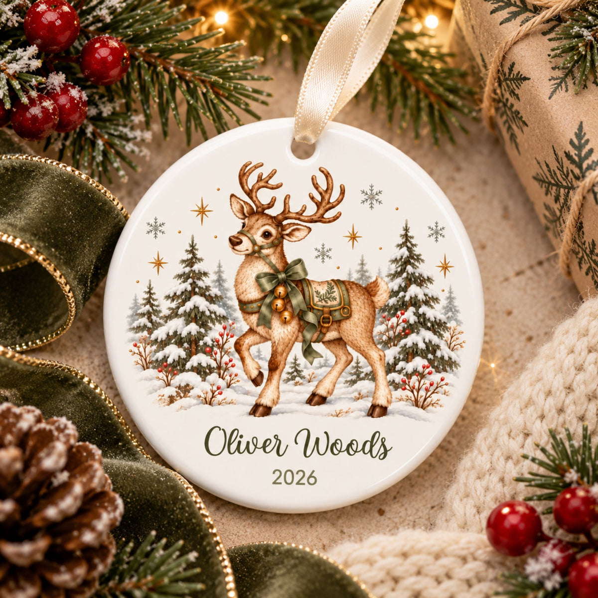 Personalized Reindeer Christmas Ornament with Name and Year