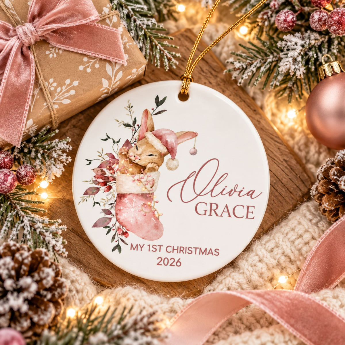 Baby Girl's First Christmas Ornament - Pink Stocking Bunny