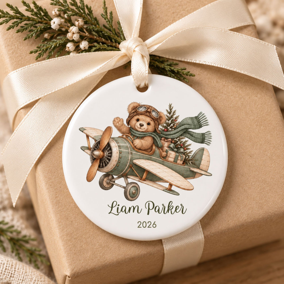 Personalized Airplane Christmas Ornament with Teddy Bear Pilot
