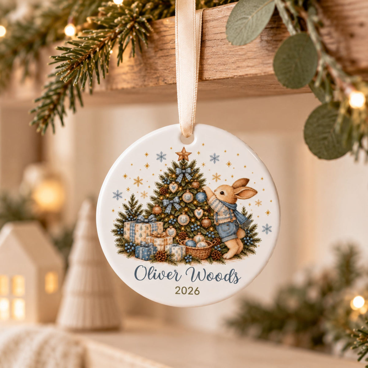 Personalized Bunny Christmas Ornament for Boys with Name and Year