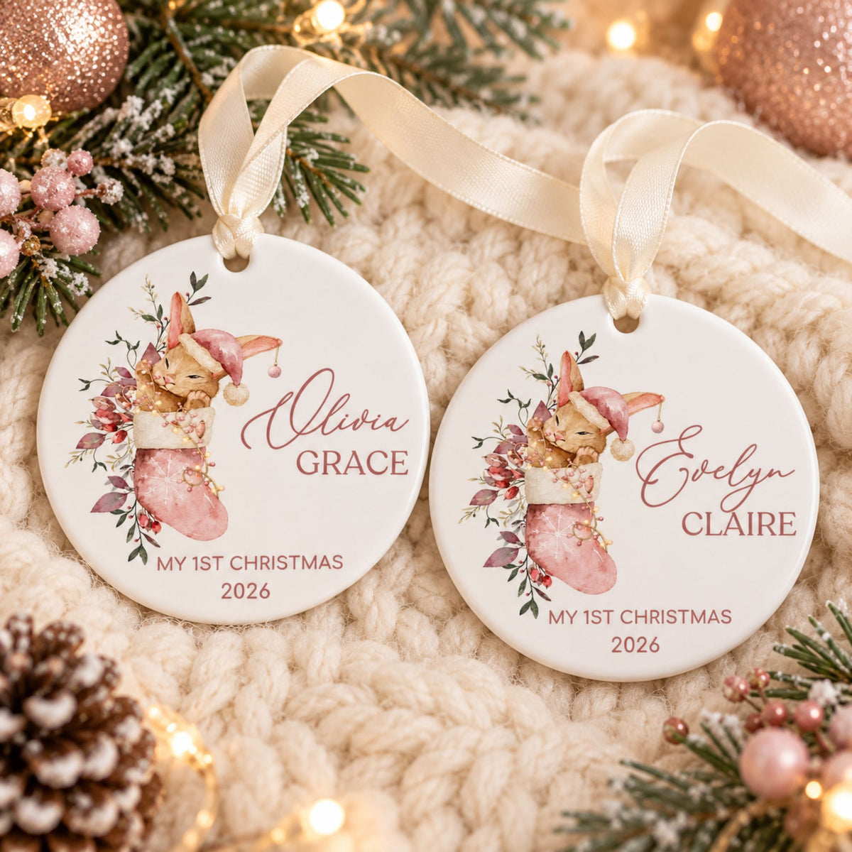 Baby Girl's First Christmas Ornament - Pink Stocking Bunny