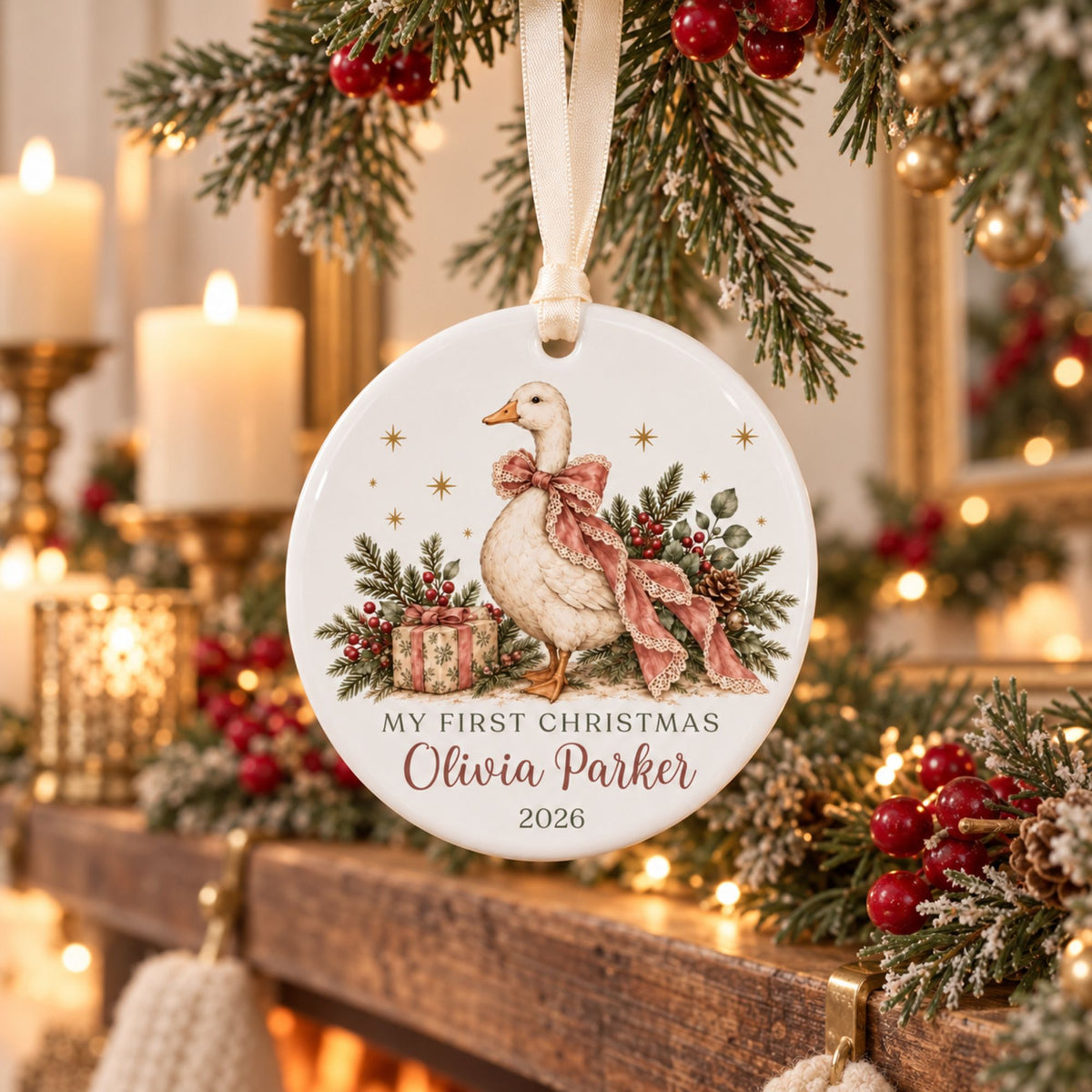 Baby Girl's First Christmas Ornament - Pink Bow Goose