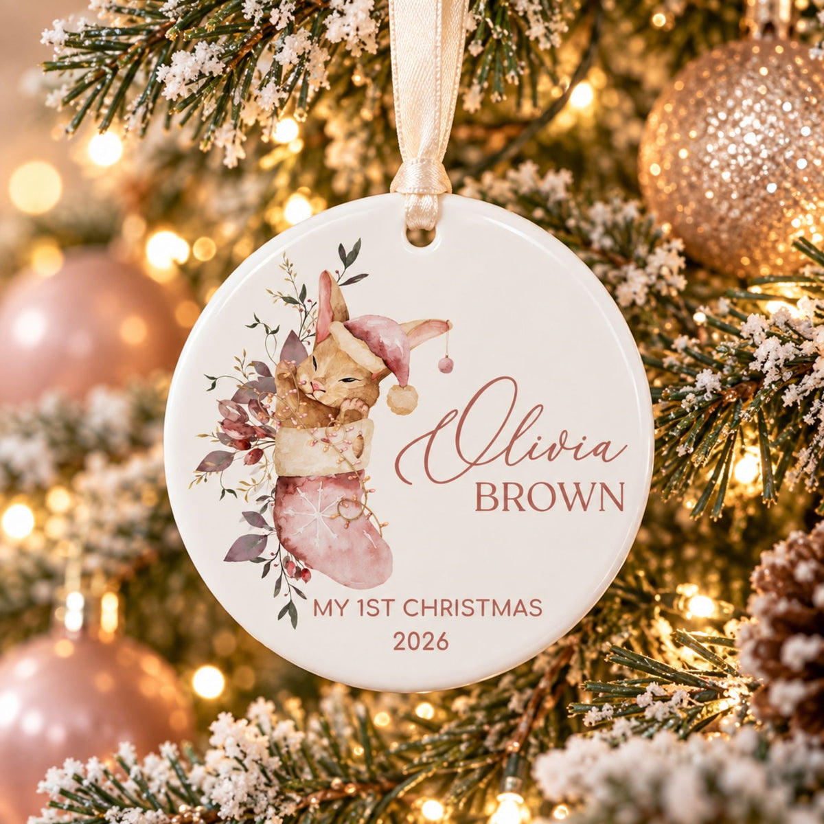 Baby Boy's First Christmas Ornament - Blue Stocking Bunny