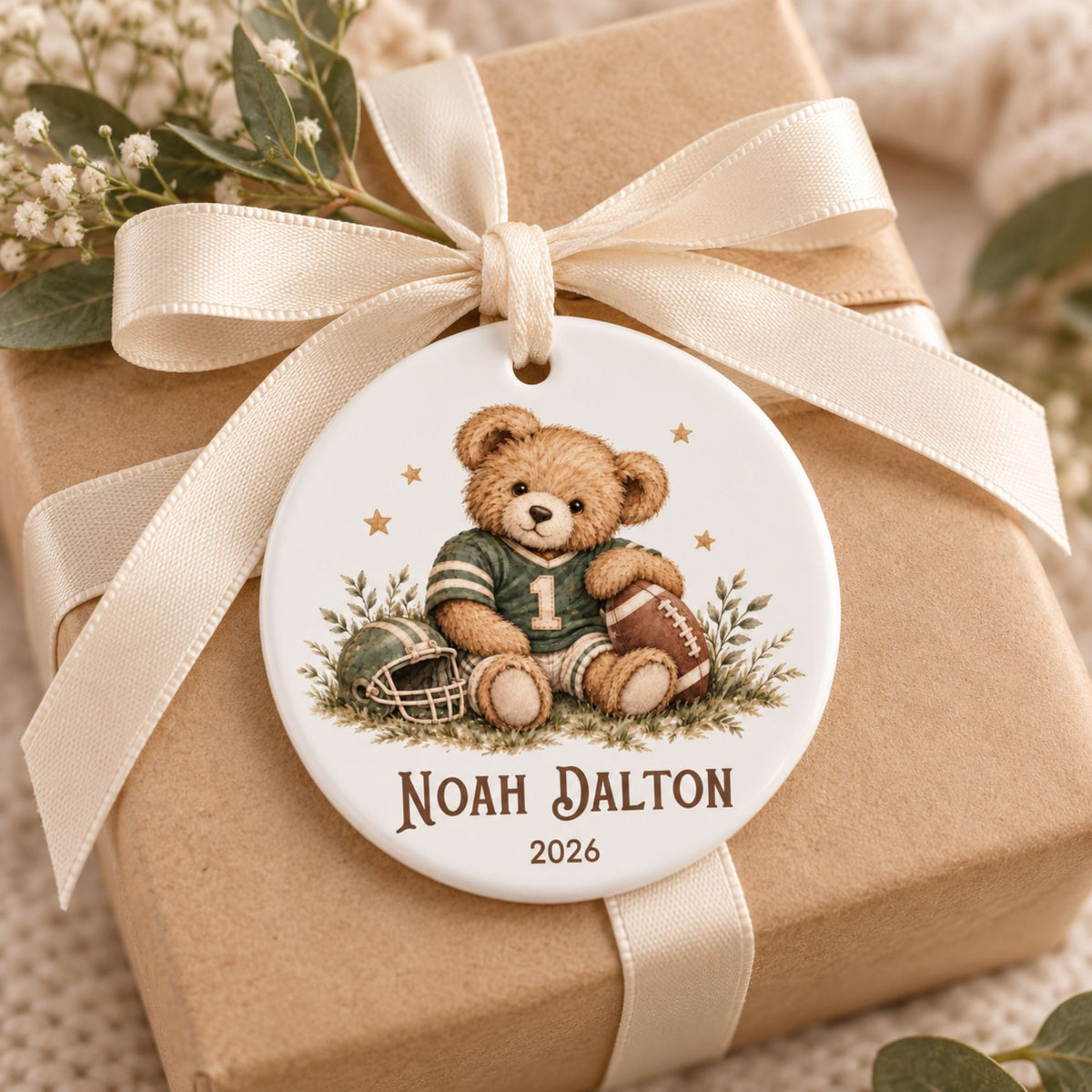 Personalized Football Christmas Ornament - Teddy Bear Player