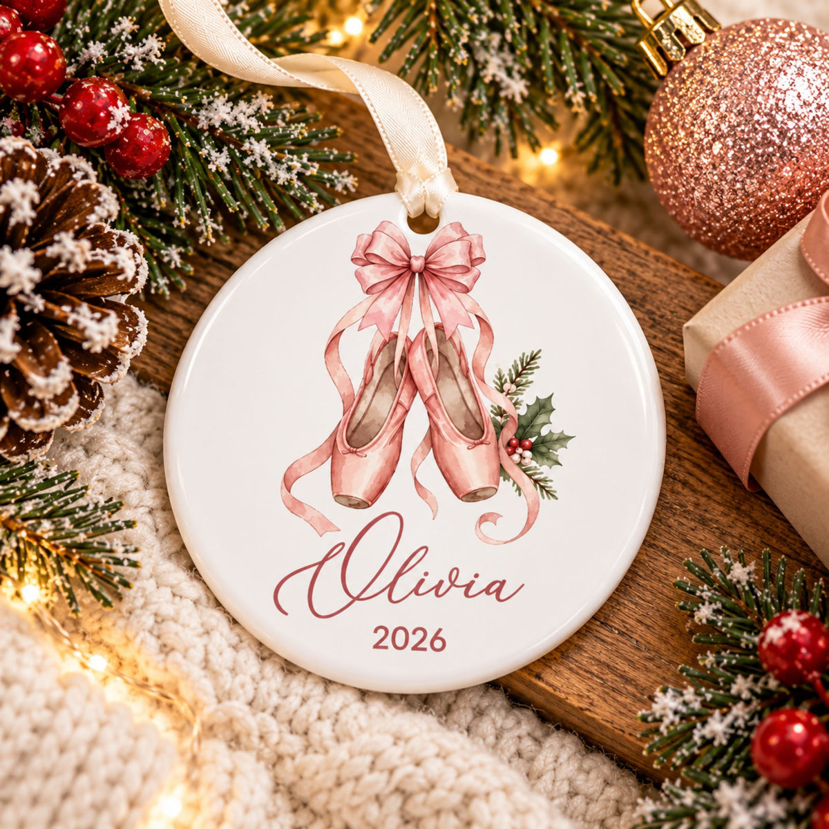 Personalized Ballerina Christmas Ornament - Pink Ballet Shoes