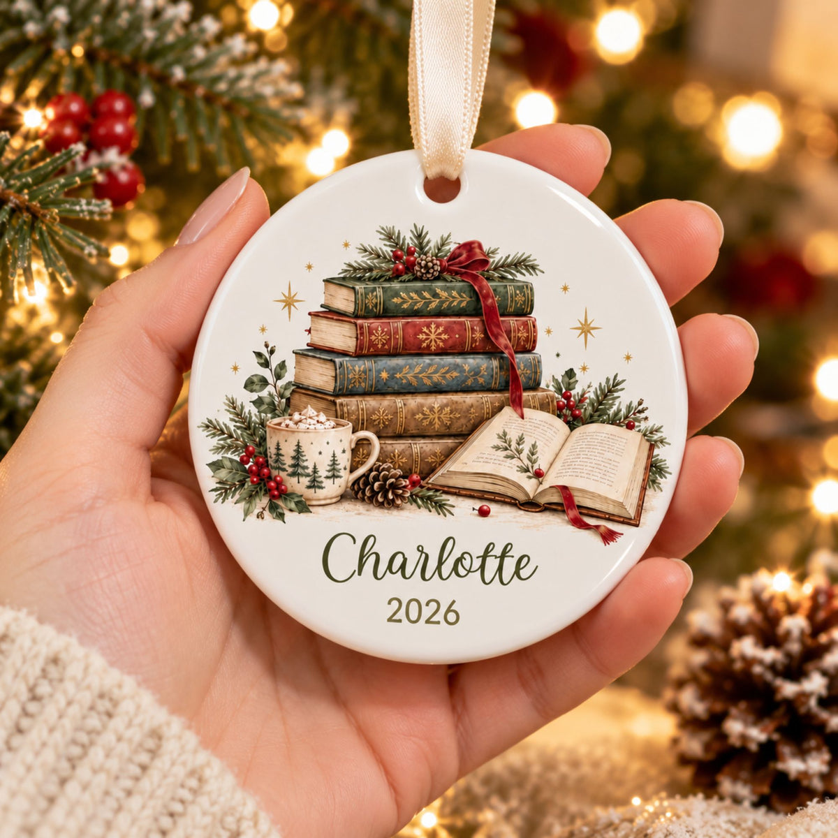 Personalized Book Lover Christmas Ornament - Vintage Books