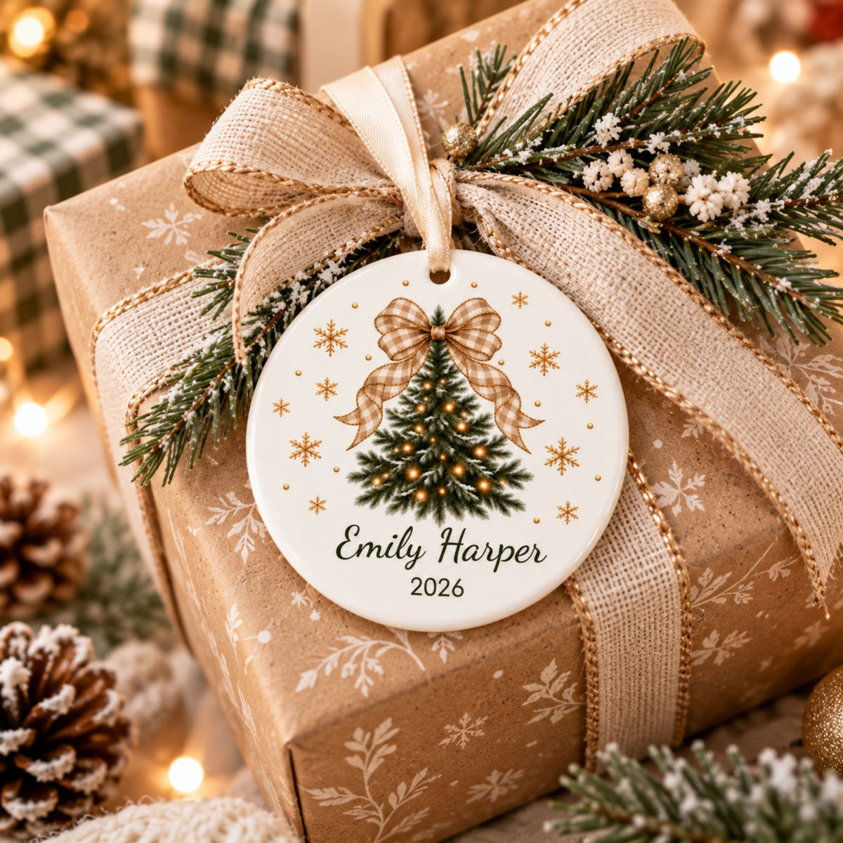 Personalized Christmas Tree Ornament with Gingham Bow