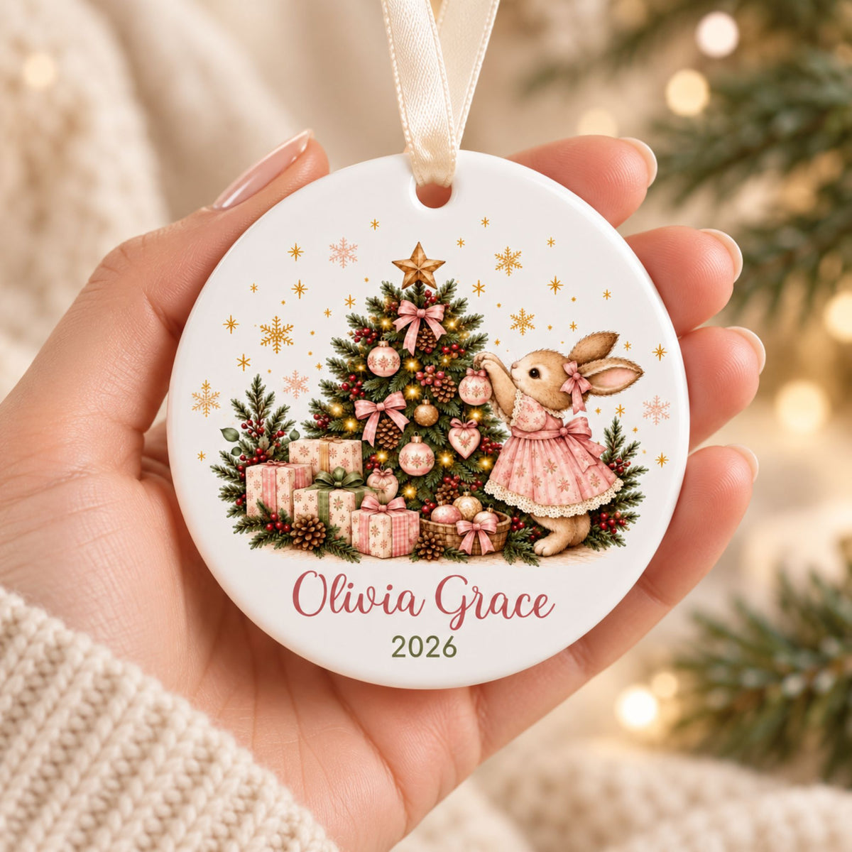 Personalized Bunny Baby Girl Christmas Ornament - Pink or Blue