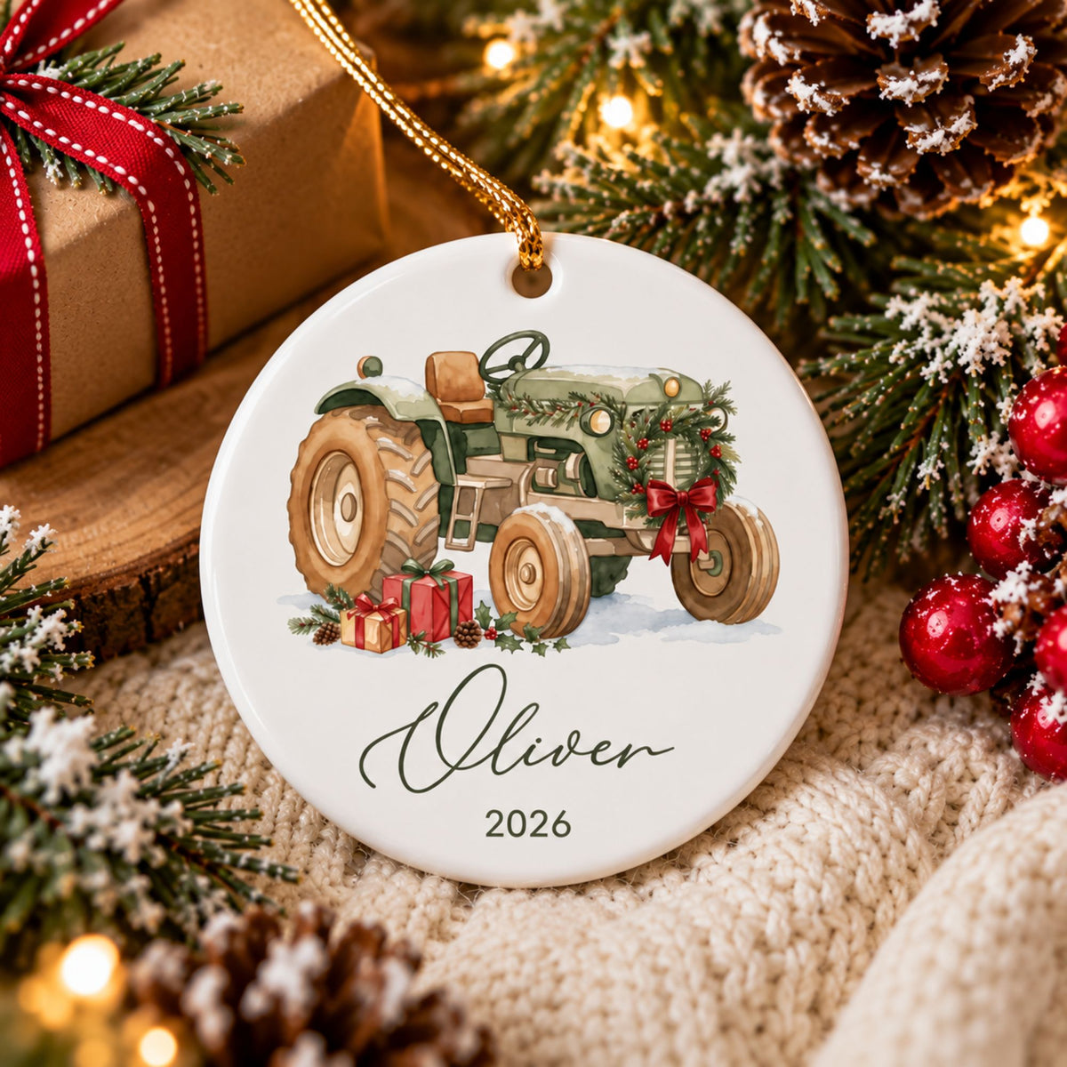 Personalized Tractor Christmas Ornament with Name and Year