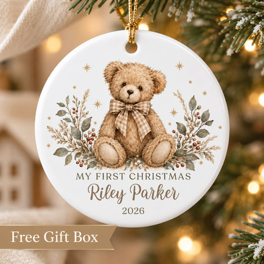 Personalized First Christmas Ornament - Neutral Teddy Bear