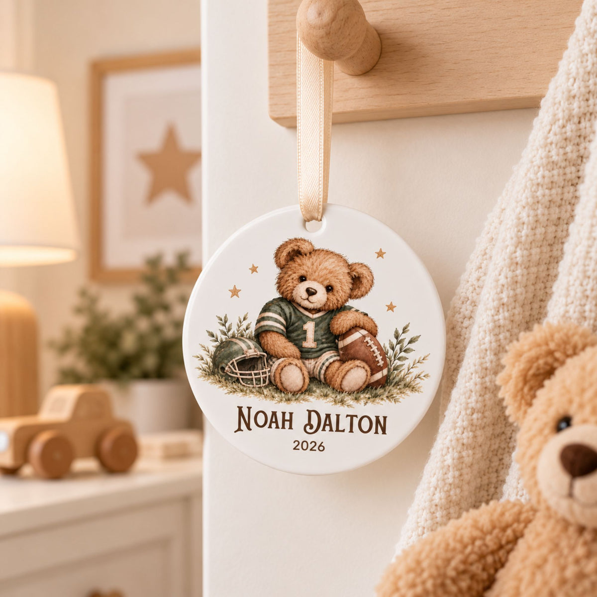 Personalized Football Christmas Ornament - Teddy Bear Player