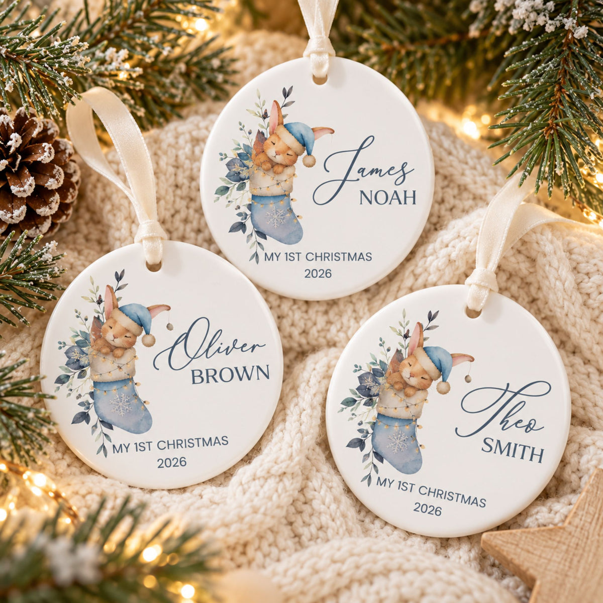 Baby Boy's First Christmas Ornament - Blue Stocking Bunny