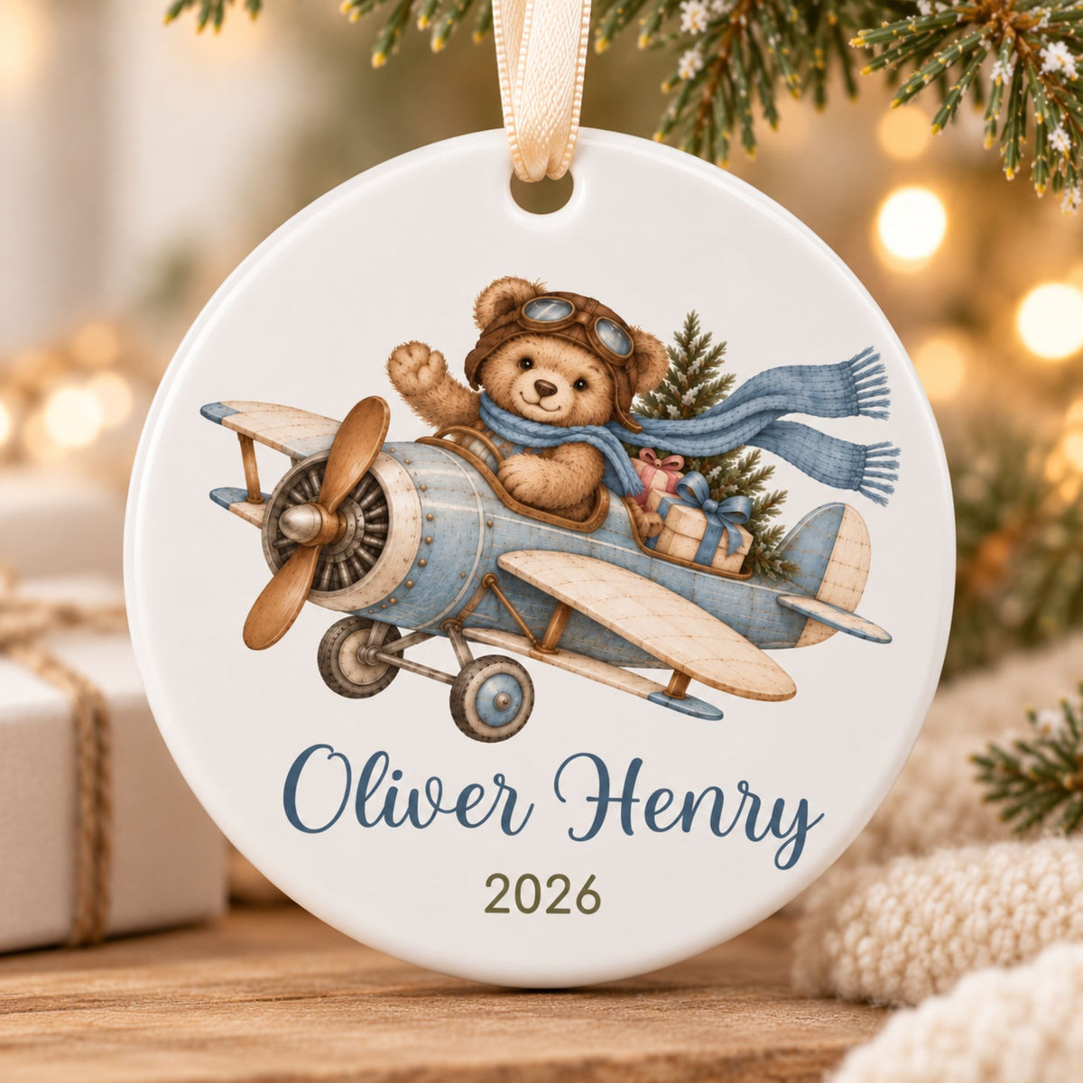 Personalized Airplane Christmas Ornament with Teddy Bear Pilot