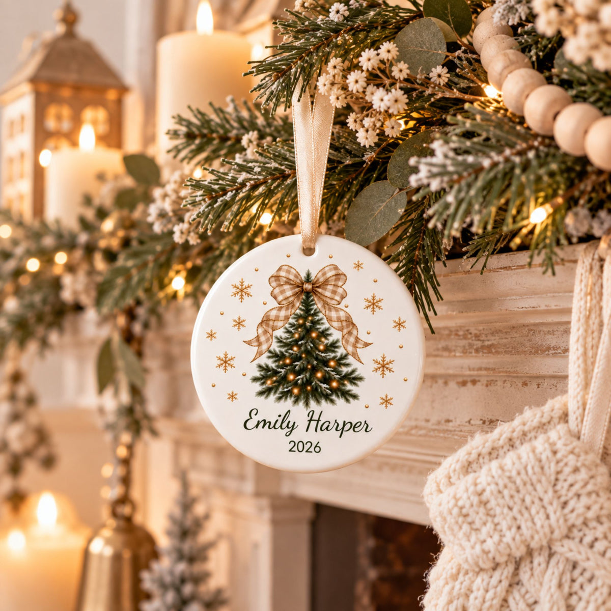 Personalized Christmas Tree Ornament with Gingham Bow