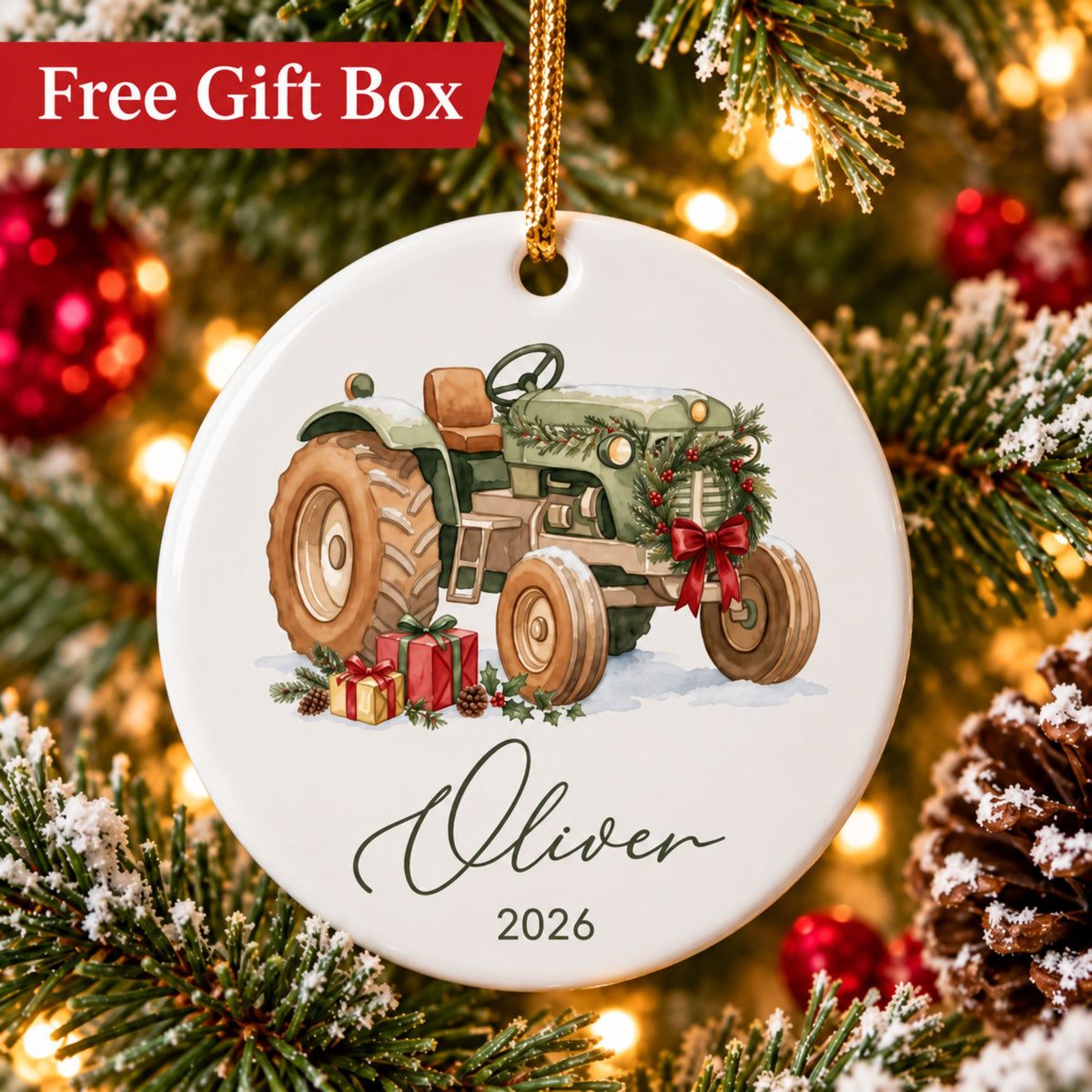 Personalized Tractor Christmas Ornament with Name and Year