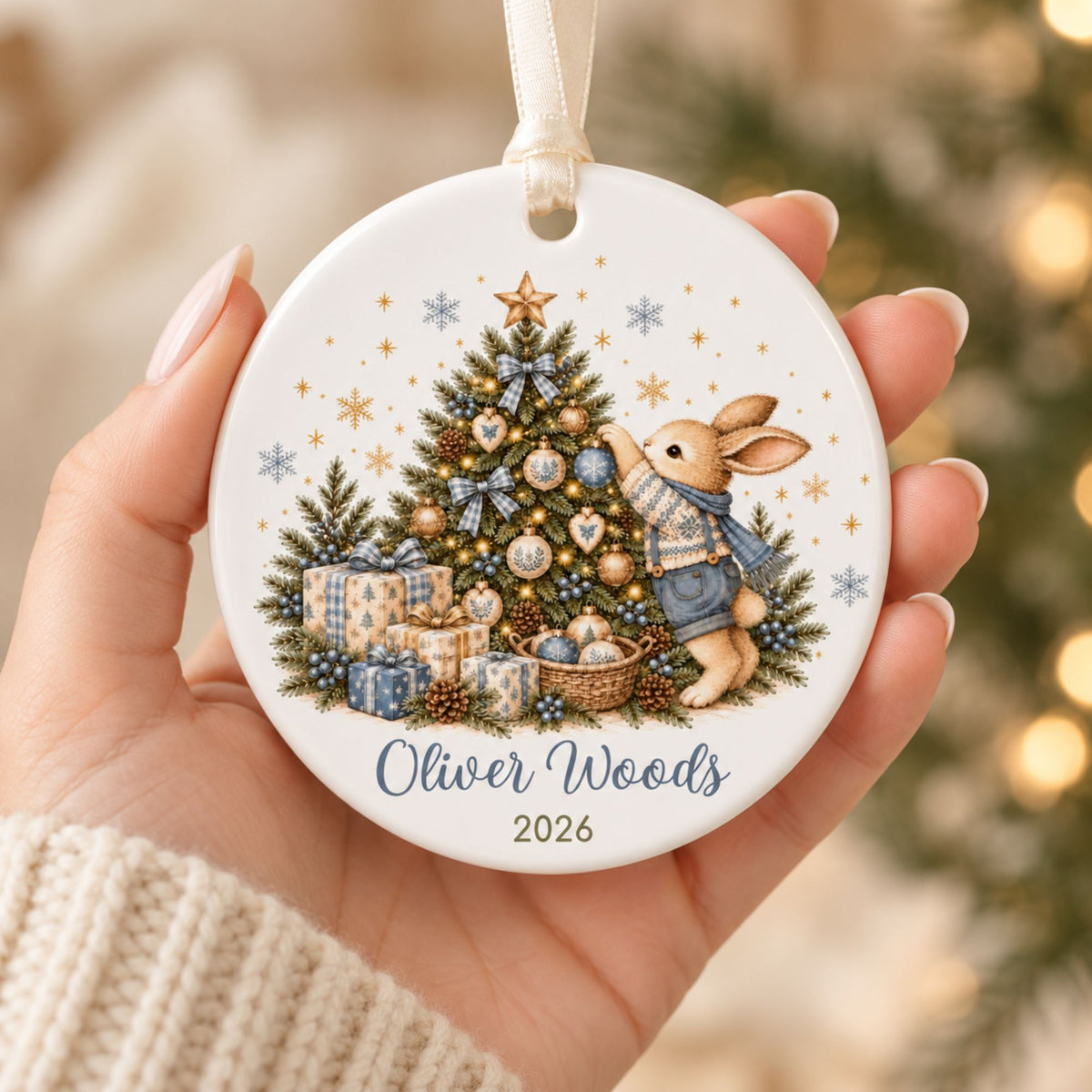 Personalized Bunny Christmas Ornament for Boys with Name and Year