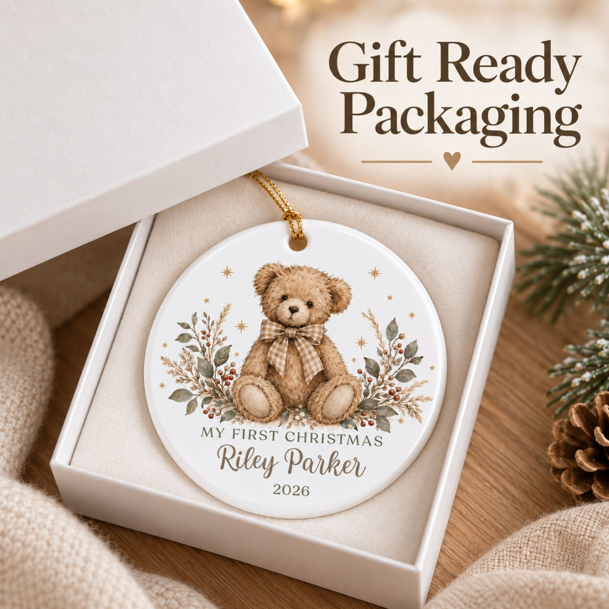 Personalized First Christmas Ornament - Neutral Teddy Bear
