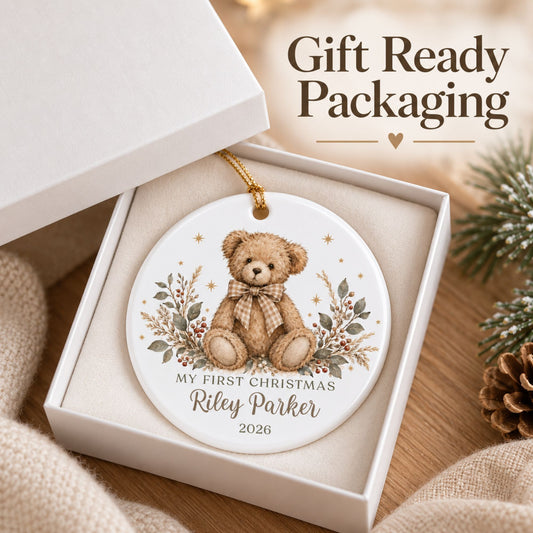 Personalized First Christmas Ornament - Neutral Teddy Bear
