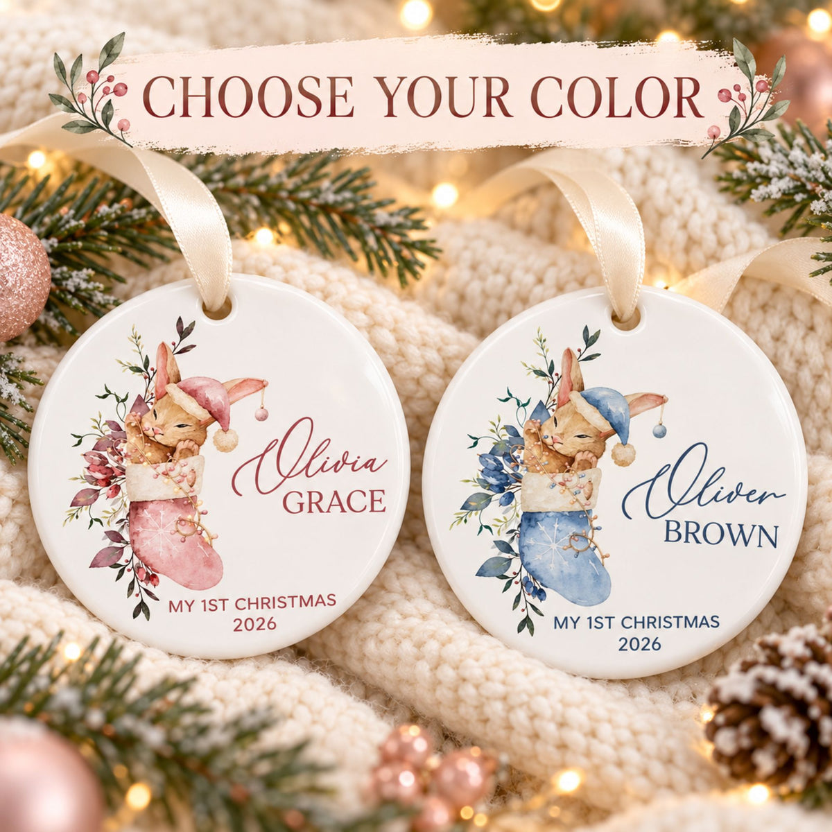 Baby Girl's First Christmas Ornament - Pink Stocking Bunny