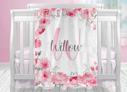 Personalized Floral Baby Girl Blanket with Name, Pink and Gray Flowers