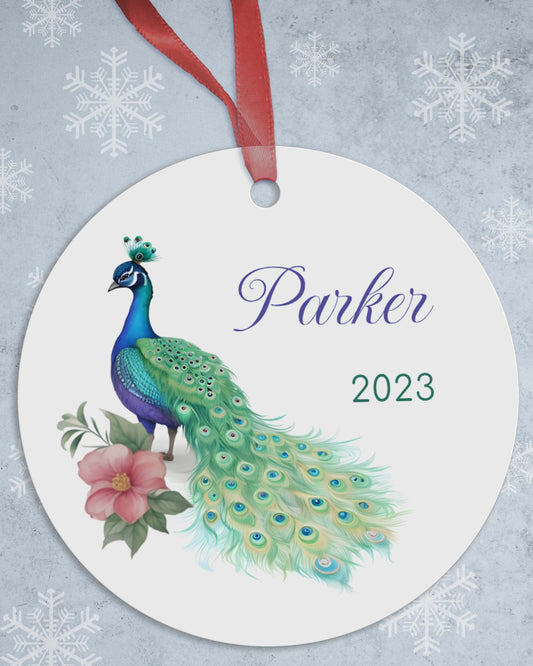 Peacock Christmas Ornaments with Name & Date