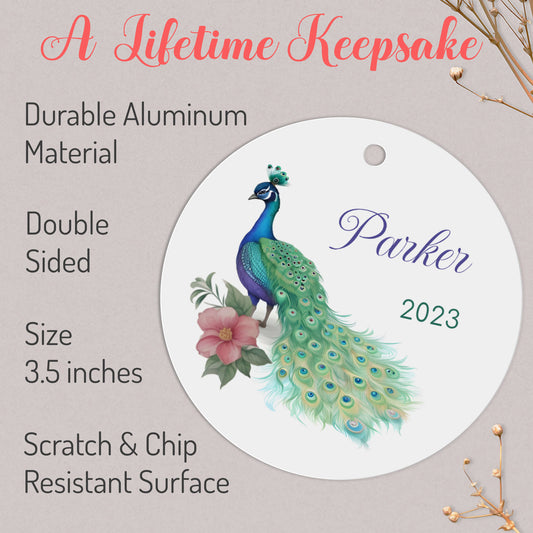 Peacock Christmas Ornaments with Name & Date