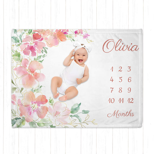 Custom Rose Gold Floral Milestone Blanket for Babies